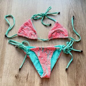 beach bunny swimwear pink & blue one of a kind lace tie bikini set small NEW
